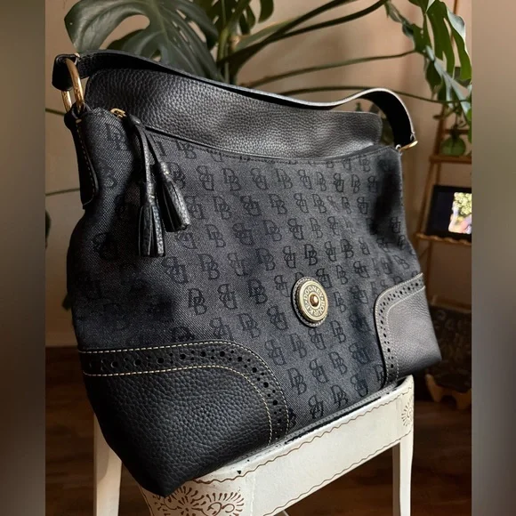 Dooney & Bourke Black Monogram Shoulder Bag with Perforated Leather and Tassels - Picture 8 of 11